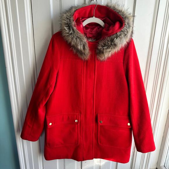 J Crew Vail Parka Coat Electric Red Wool Blend Faux Fur Trim - Picture 2 of 8